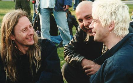 Jerry Cantrell, left, lead guitarist for the group Alice in Chains and Chris Cornell, right, from the group Sound Garden, share a private moment during an informal memorial for Alice in Chains lead singer Layne Staley Saturday, April 20, 2002 at the Seattle Center in Seattle. Photo by Anna Mia Davidson