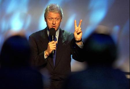 Former U.S. President Bill Clinton chats with youths about AIDS prevention at a MTV show in Barcelona, Spain, Thursday July 11 2002. Clinton is in Barcelona to attend the XIV International AIDS conference. Photo by Denis Doyle