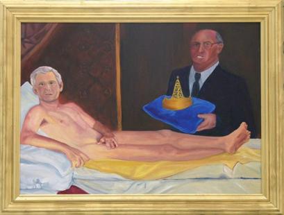 Washington artist Kayti Didriksen's painting 'Man of Leisure, King George' depicts resident Bush in the well-known style of Manet's 'Olympia', as he is presented with his crown by a depiction of Vice President Dick Cheney. The cartoonish painting has been taken down from the wall at the City Museum of Washington, awaiting a more welcoming venue. Photo by Jim Tretick