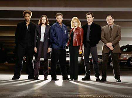 The cast of 'CSI' is (L-R) Gary Dourdan, Jorja Fox, William Petersen, Marg Helgenberger, George Eads and Paul Guilfoyle. Photo by Timothy White