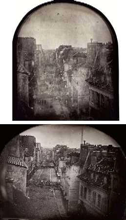 Les deux daguerrotypes de Paris datant de 1848 qui sont proposs aux enchres  Londres: en haut, la rue Saint-Maur remplie de soldats, en bas la mme rue la veille jonche de dbris. Ces clichs ont t pris par un photographe franais du nom de Thibault et publis dans 'L'Illustration Journal universel'.