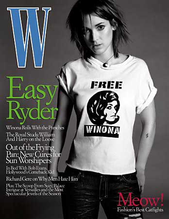 Winona Ryder wears a 'Free Winona' shirt in a photograph on the cover of the June 2002 issue of W magazine. Photo by Michael Thompson