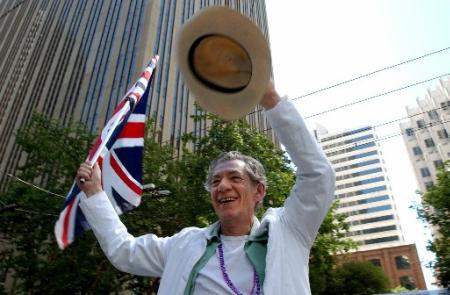 Actor Ian McKellen waves the British flag during the San Francisco Lesbian, Gay, Bisexual, and Transgender Pride Parade Sunday, June 30, 2002. Photo by Jakub Mosur