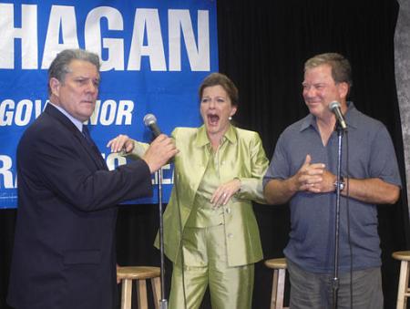 Democratic candidate for governor of Ohio, Tim Hagen, left, gets a laugh from his wife, actress Kate Mulgrew, center, and actor William Shatner during a fund raising event in Cleveland, Saturday, Aug. 24, 2002. Photo by Phil Long