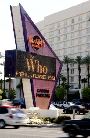 The marquee at the Hard Rock Hotel & Casino in Las Vegas advertises a Friday concert by The Who June 27, 2002. Photo by Ethan Miller