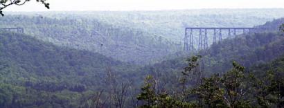 The ends of the Kinzua viaduact can be seen from Mt. Jewett, Pa., Tuesday, July 22, 2003, after high winds and storms toppled the center section Monday afternoon. Photo by Keith Srakocic