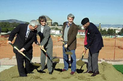 Star Wars creator George Lucas, second right, breaks ground Saturday, Feb. 8, 2003 for a $300 million special effects campus in the Presidio that he hopes will help San Francisco rival Hollywood as a producer of movie magic. From left to right are, Toby Rosenblatt, Chairman, Presidio Trust Board of Directors, House Minority Leader Nancy Pelosi, D-Calif., Lucas, and San Francisco Mayor Willis Brown. The groundbreaking marks a new beginning for the Presidio, a former Army base and now a national park with breathtaking views of the citys famous Golden Gate Bridge. Photo by Kurt Rogers