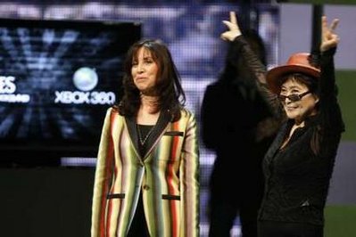 Olivia Harrison (L), widow of George Harrison, and Yoko Ono, widow of John Lennon, introduce the new video game 'The Beatles: Rock Band' at the Microsoft XBox 360 E3 2009 media briefing in Los Angeles June 1,2009.
  Photo by Fred Prouser