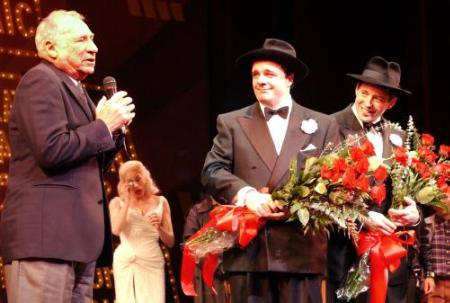 'The Producers' producer Mel Brooks addresses the audience at New York's St. James Theatre as Nathan Lane, second left, and Matthew Broderick look on after their last performance in 