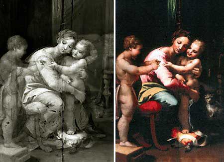 A combo photo using the latest infrared viewing technology shows what art experts believe to be a sketch(L) by Renaissance master Raphael beneath an oil painting of the Madonna(R), at the Borghese Gallery in Rome July 16, 2002