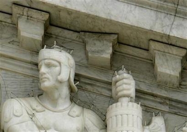 The damaged facade of the Supreme Court after a piece of the marble detail fell from the building, November 28, 2005.  Photo by Joshua Roberts