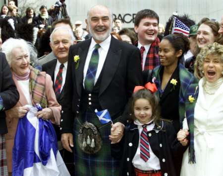 Sean Connery joins members of his family as they get ready to lead the 'Tunes of Glory' parade in New York City, April 6, 2002. Photo by Jeff Christensen