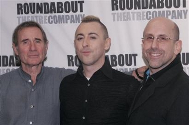 Actors Jim Dale, left, Alan Cumming, center, and director Scott Elliott of the Broadway production of 'The Threepenny Opera' pose for photographers in New York, Thursday, March 9, 2006. They're getting ready for the Roundabout Theatre Company revival which features Cumming as Mack the Knife; Dale and Ana Gasteyer as Mr. and Mrs. Peachum; Nellie McKay as Polly Peachum; and Cyndi Lauper as Jenny. The Bertolt Brecht-Kurt Weill musical, in a new adaptation by Wallace Shawn, opens April 20 at Studio 54.  Photo by Shiho Fukada