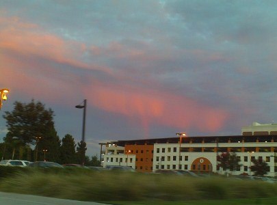 Virga with a rainbow over Long Beach City College, Long Beach, CA, looking east at sunset, 29 August, 2012