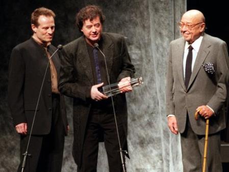 John Paul Jones & Jimmy Page, center, speak to the audience after accepting their Recording Industry Association of America 